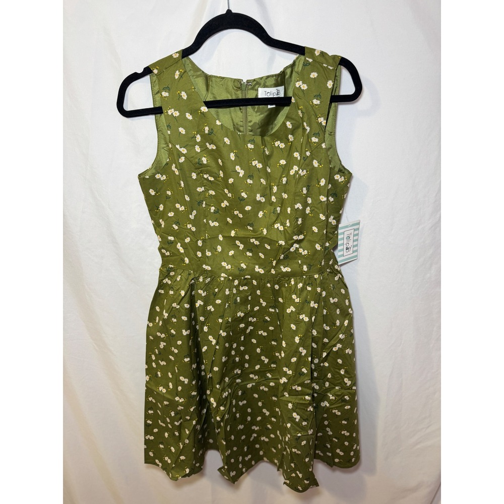 Green Daisy Floral Fit Flare Dress W XL Cottagecore Vintage Style Tulip B NWT